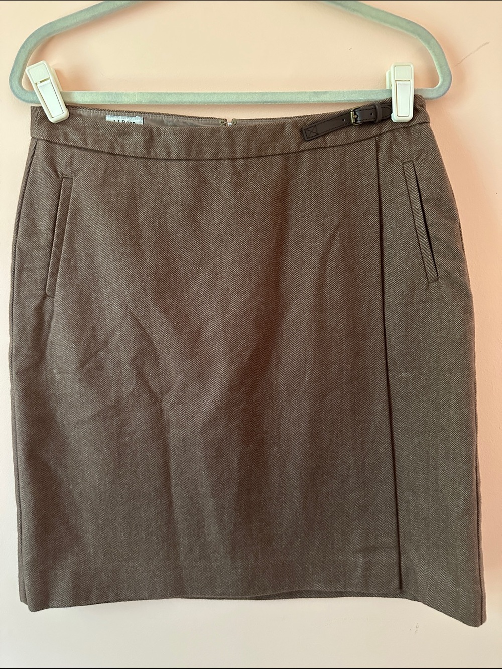 L.L.Bean Brown Herringbone Cotton Faux Wrap Skirt Size 10 NWOT